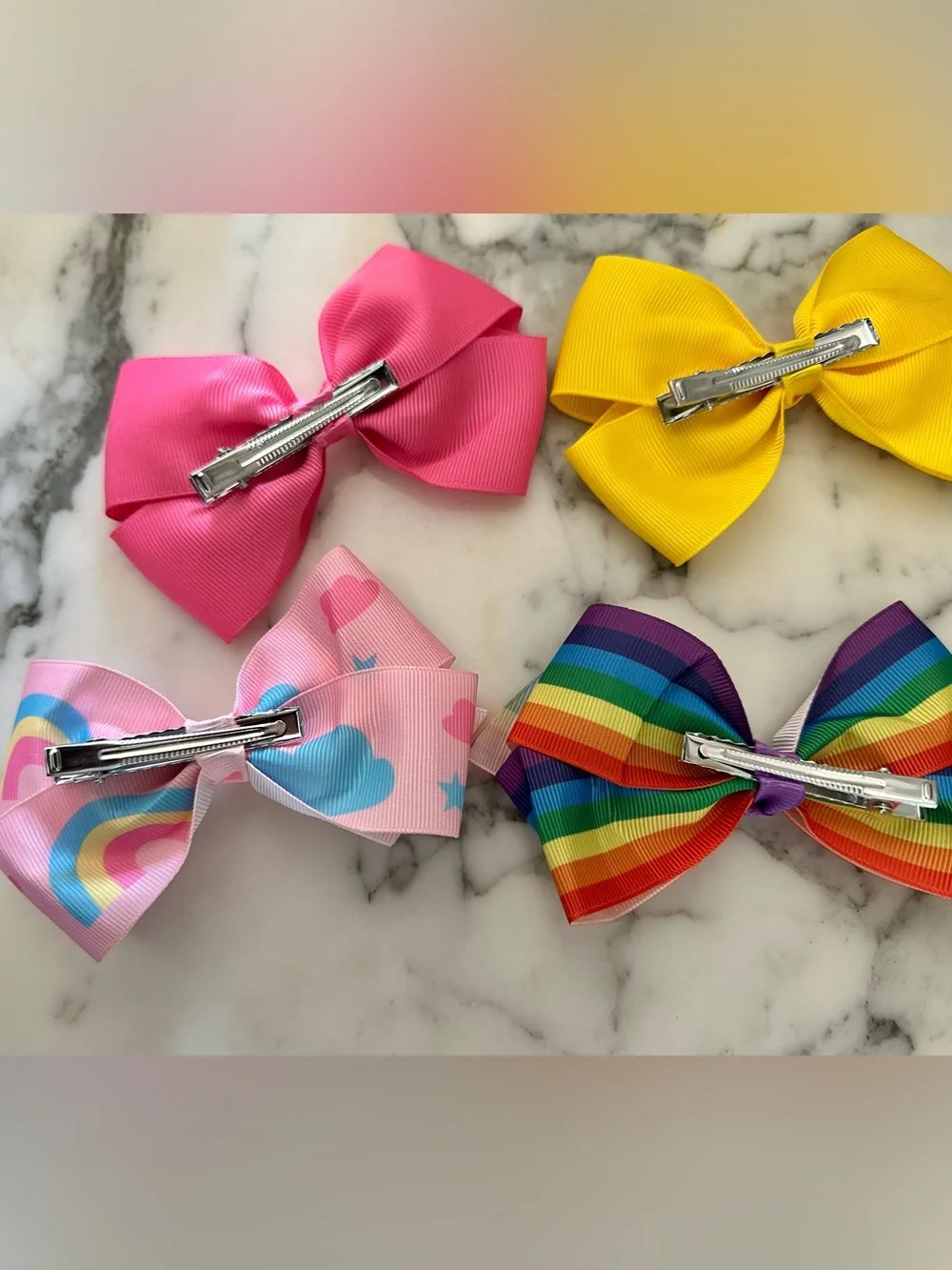 Hair Bow Pack Pink, Yellow, Rainbow & Pastel Rainbow Approx 5 inches across